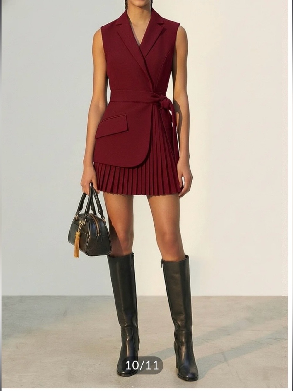 Commense Sleeveless Wrap Pleated Mini Dress in Burgundy
